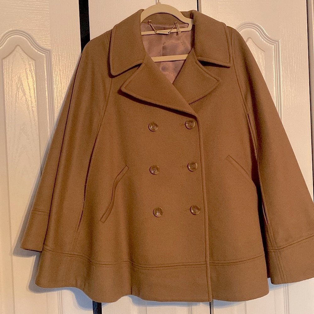 Trina Turk Camel Double Breasted Wool Cape Coat